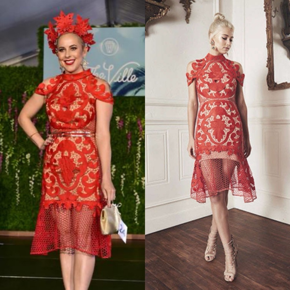 THURLEY Rose Ceremony Eyelet Ruffle Midi Dress in Red Sz S